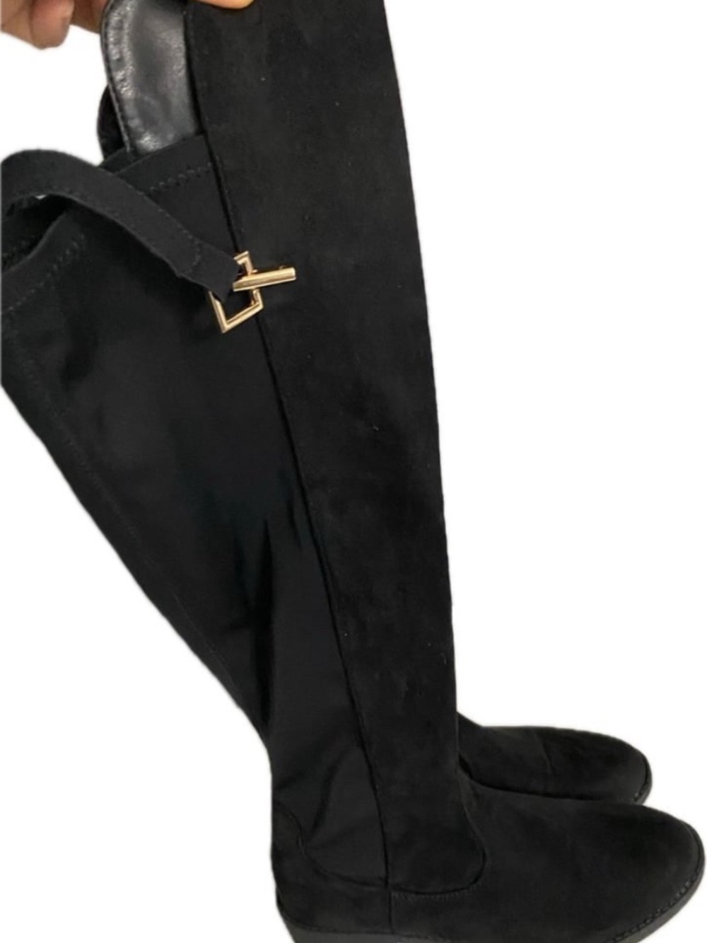 Black Over-the-Knee Suede Boots with Gold Buckle Detail